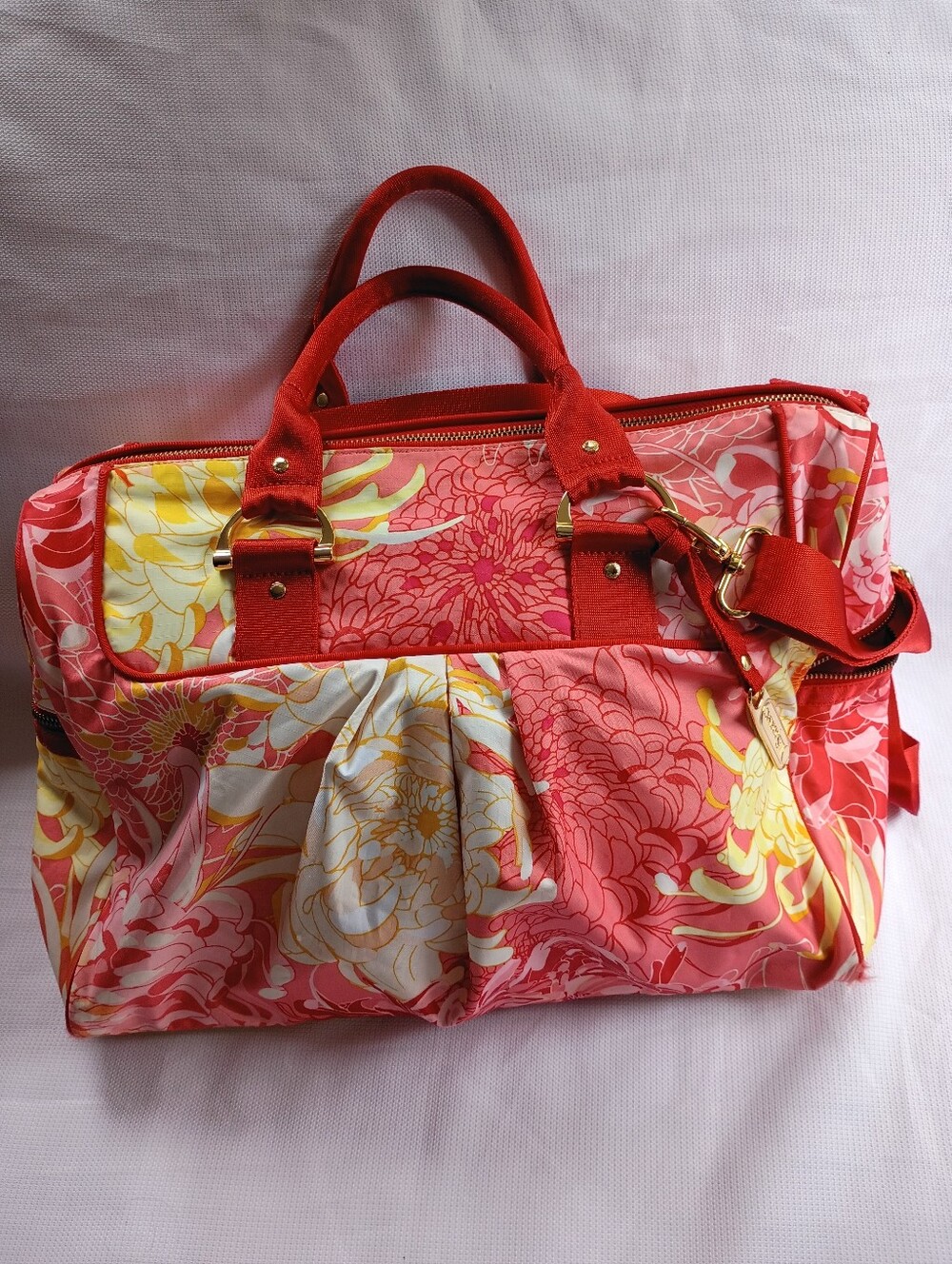 Rare Lesportsac Y2K Orange Yellow Floral Weekender Nylon Duffel Travel Bag Women